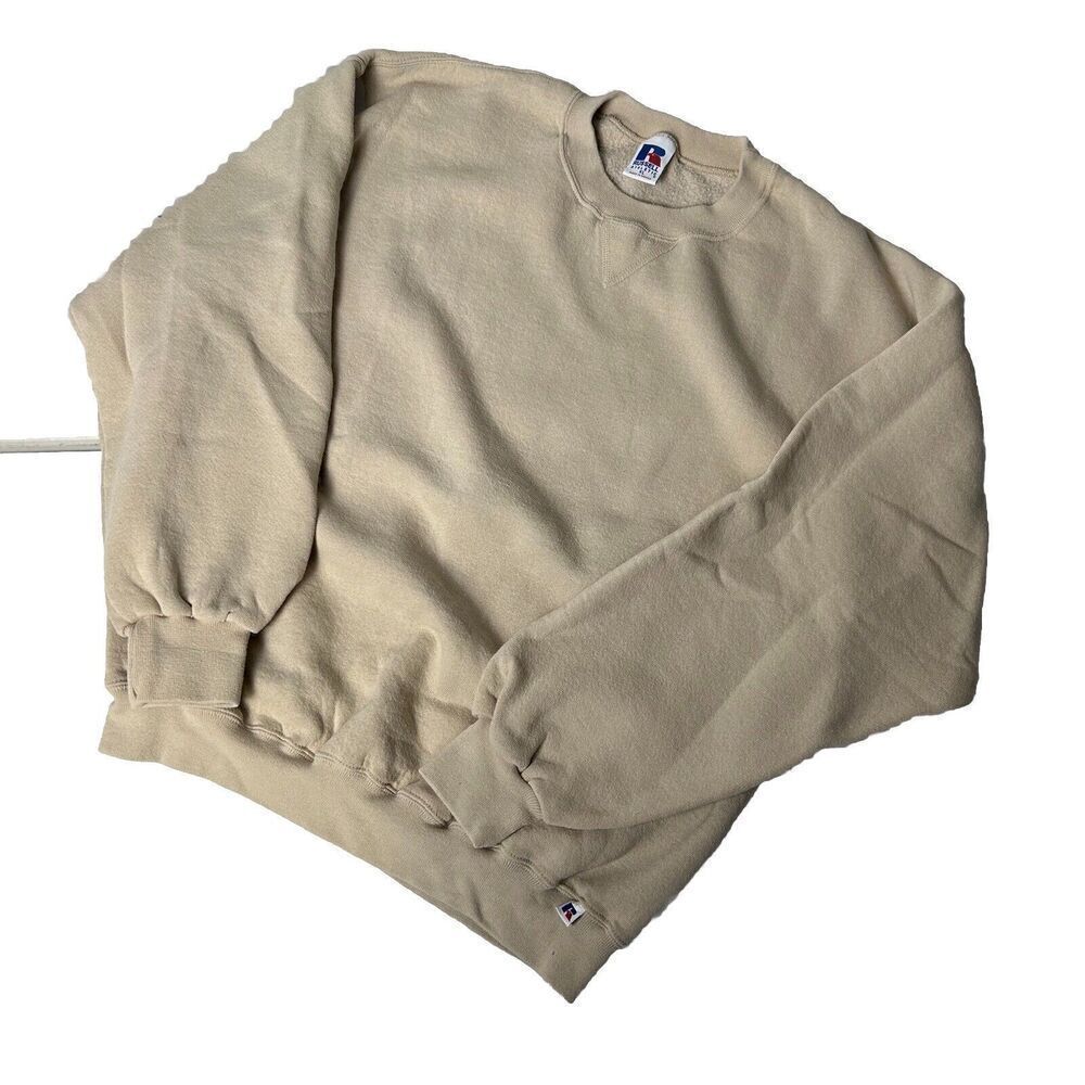 Vintage Russell Athletic Mens Crewneck Sweatshirt Tan Y2K Blank XL Mexico Made
